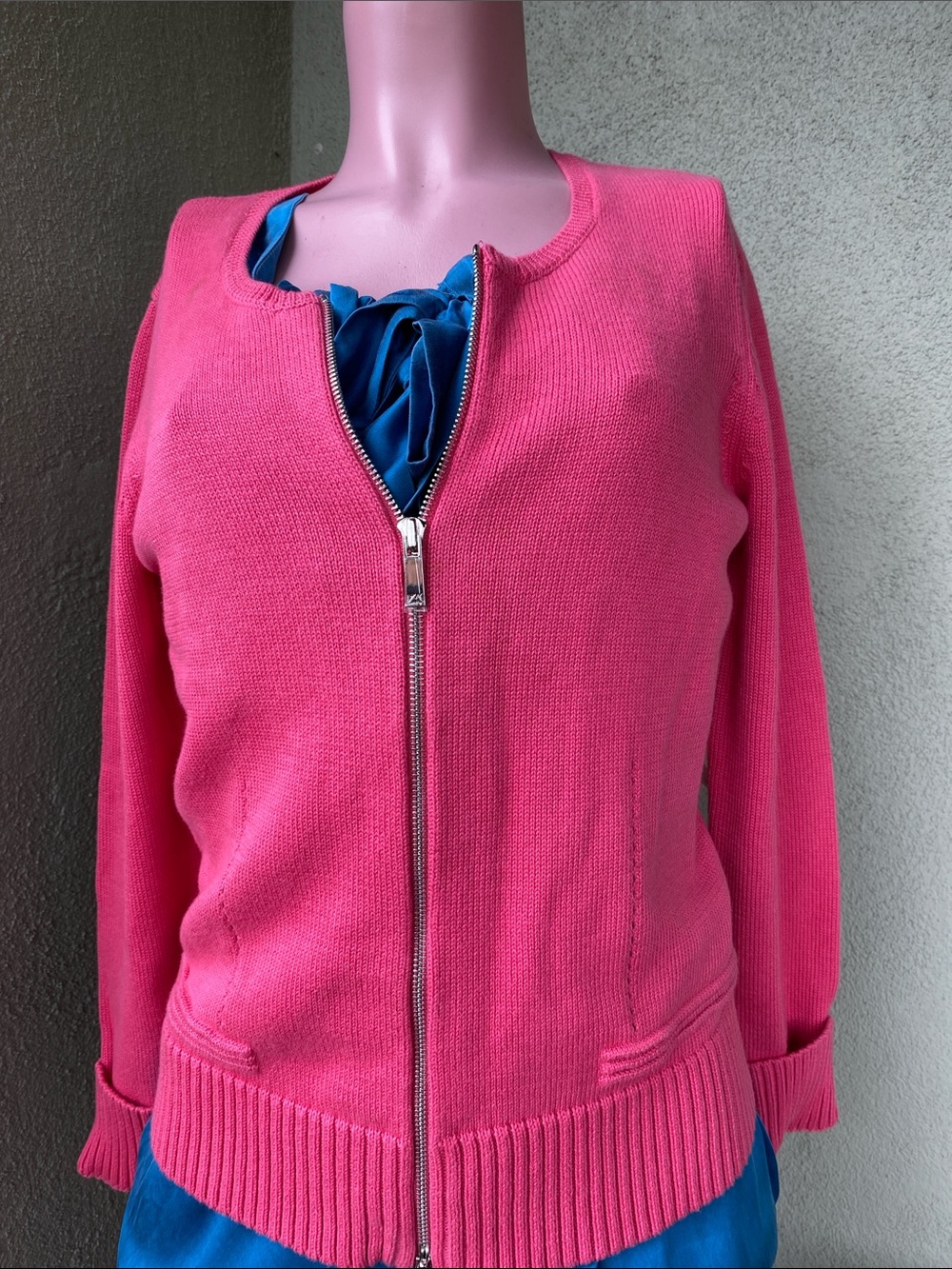 Anne Klein Bright salmon Pink Crewneck Cardigan Sweater